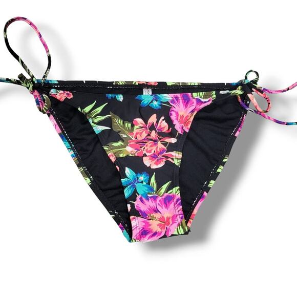 Ardene Basic Collection women's black floral side-tie swim bikini bottom  - xs - Picture 1 of 8